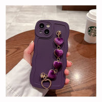 DJJ เคสโทรศัพท์ซิลิโคนนิ่มสำหรับ iPhone 13 12 11 14 Pro X XS Max XR 7 8 Plus SE MiNi ลายคลื่น3D ปิดหลังหรูหราหัวใจสายข้อมือโลหะ