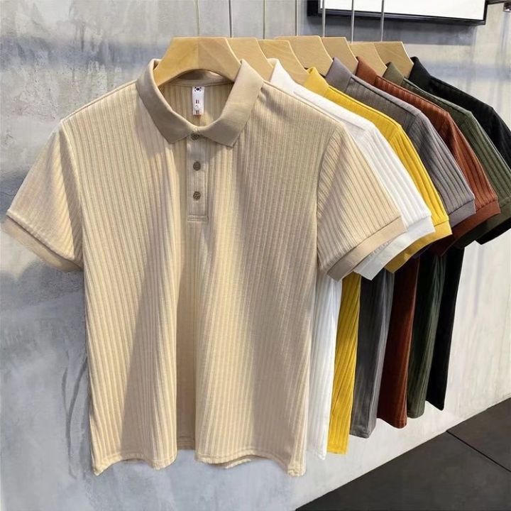 Mens Korean Style Striped Texture Short Sleeve Polo Shirt For Men Khaki ...