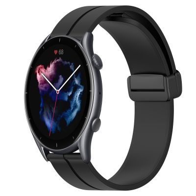 สำหรับ Amazfit GTR 3 Pro 22Mm สายนาฬิกาข้อมือซิลิโคนกระดุมแม่เหล็กสีทึบ (สีดำ)