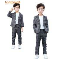 lontakids 2ชิ้น (เสื้อ + กางเกง)/3Pcs (เสื้อ + กางเกง + เสื้อยืดสีขาว) ชายสุภาพบุรุษลายสก๊อตชุดเด็กสีเทาอย่างเป็นทางการสวมใส่เสื้อเด็กเสื้อยืดเสื้อผ้าชุดสำหรับ3-11ปี