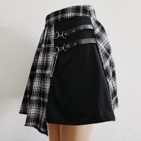 ‘；’ Womens Harajuku Punk Irregular Mini Pleated Skater Skirt Asymmetric Cutout High Waist Hip Hop Clubwear Gothic Harajuku Skirt