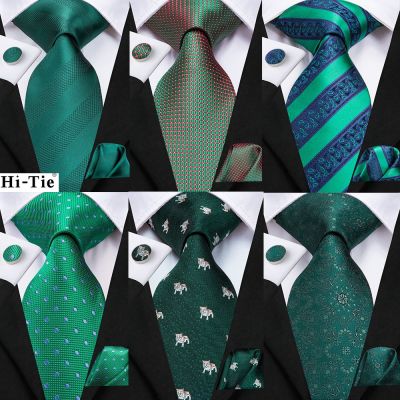 Hi-Tie Mens Gift Tie Set Green Solid Striped Silk Wedding Tie For Men Fashion Design Quality Tie Hanky Cufflink Set Dropshipping