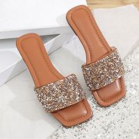 fyjhGlitter Bling Summer Slippers For Women 2023 New Ladies Flat Beach Slipper Women Sandals Outdoor Shoes Luxury Designer Plus Size