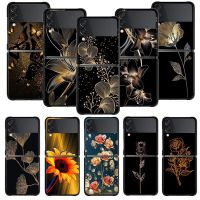 Gold Flower Illustration Butterfly Rose Case For Samsung Galaxy Z Flip 4 Z Flip3 5G Case for Galaxy Z Flip PC Hard Shell Capa