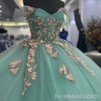 ❆ AEOZAD Vestido de baile verde claro para mulheres Vestidos Quinceanera em camadas 16Flower Applique festa