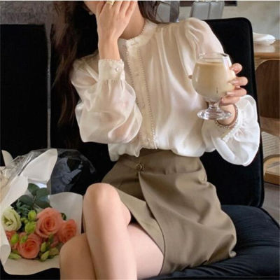 White Long-Sleeved Shirt Womens Spring And Autumn New 2022 Small Loose Bubble Long-Sleeved Top Elegant Shirt