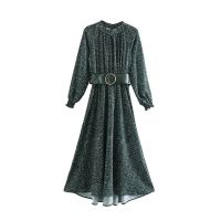 ZZOOI KPYTOMOA Women 2020 Chic Fashion Printed With Belt Maxi Dress Vintage Stand Collar Long Sleeve Female Dresses Vestidos Mujer