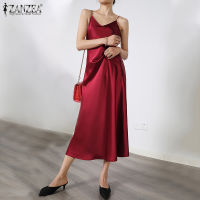 ZANZEA Women Casual Sleeveless V Neck Solid Color Swing Long Dress