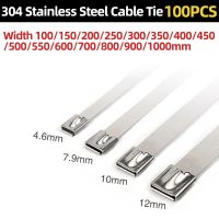 Cable Ties 100pcs 4.6mm Width100-1000mm 304 Stainless Steel Metal Zip Multi-Purpose Wires Exhaust Wrap Coated Locking Ties Cable Management