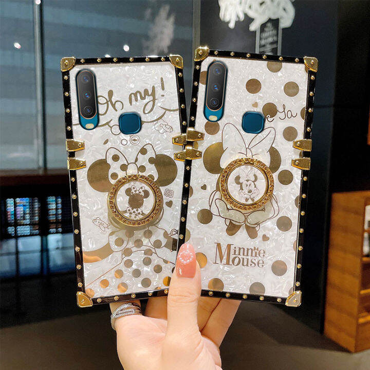 jiefie-สแควร์เคสโทรศัพท์หรูหราสำหรับ-vivo-y16-y15s-y15a-y12-y15-y17-y19-y01-y85-y91c-y91-y93-y95-y76-การ์ตูนน่ารัก-minnie-คู่กรณี-chrome-เงานุ่มฝาครอบโทรศัพท์-tpu-ขาตั้งแหวน