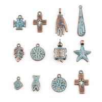 Vintage Patina Charms Antique Copper Geometric Leaf Round Fish Metal Pendant DIY Making Necklace Earrings Bohemian Jewelry20PCs