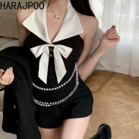 Vests Harajpoo Women 2022 Spring Autumn Korean y Style Hanging Neck Strapless Contrast Color Bow Fashion Short Camisole