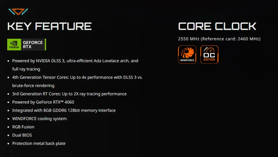 GeForce RTX™ 4060 WINDFORCE OC 8G Key Features