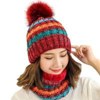 【YD】 simple women knitted Hat Brand girls Ski Fur PomPoms warm Balaclava Hats scarf