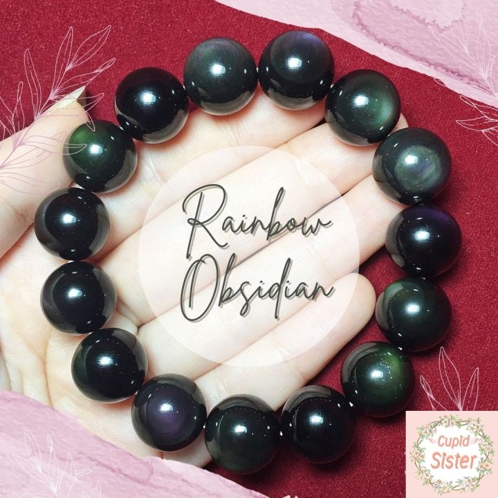 สร้อยข้อมือหิน เรนโบว์ออบซิเดียน Rainbow Obsidian กำไลหินนำโชค Collectible Size ขนาด 14 มิล