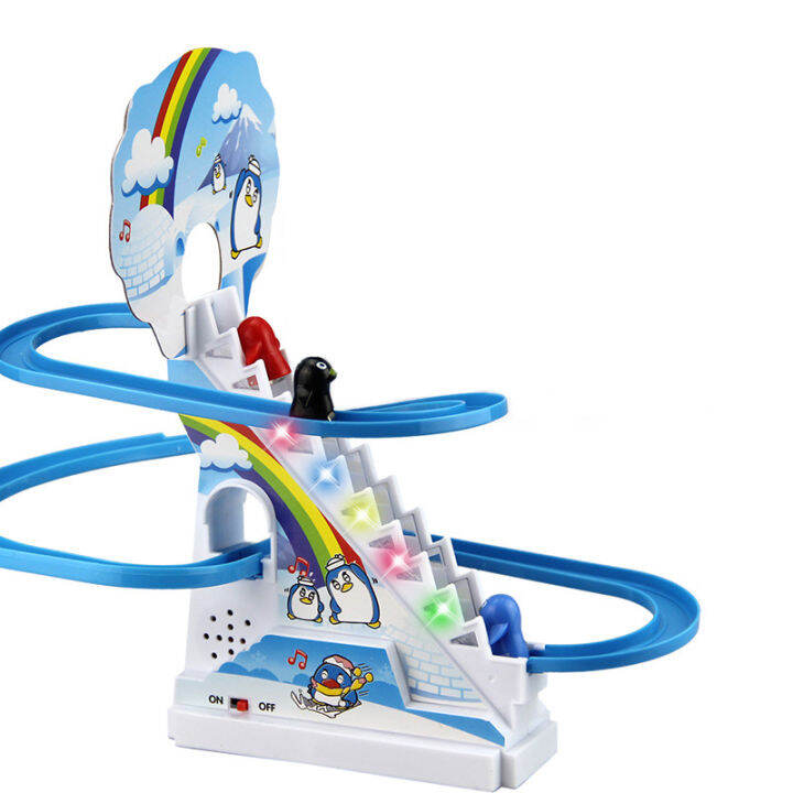 parent-child-interaction-puzzle-kids-toy-penguin-slide-electric-railcar-with-music-fun-penguin-climbing-stairs-toys-for-children