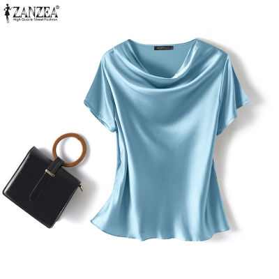 (จัดส่งฟรี)ZANZEA เสื้อเบลาส์ผ้าซาตินของผู้หญิง,เสื้อทรงหลวมแขนสั้นคอเสื้อทำงานสำหรับฤดูร้อน Fancystyle