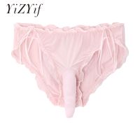 Men See-through Bowknot Decor Sissy Panties Lingerie Bulge Pouch Ruffles Briefs Underwear Mesh Heart Shaped Back Sexy Underpants