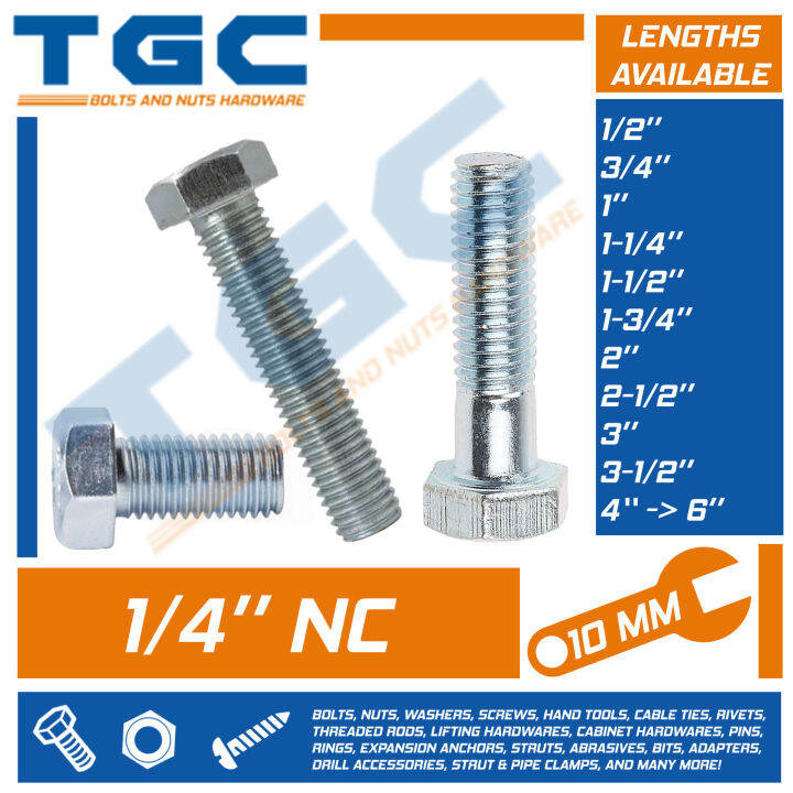 50PCS 1/4 inch x 1/2 up to 6 inches Galvanized Hex Bolt / GI Capscrew ...