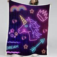 BlessLiving Purple Unicorn Throw Blanket For Beds Luminous Furry Blanket Colorful Plush Bedspread Rainbow Neon Light Bedding