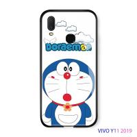 UCUC เคสโทรศัพท์เคสสำหรับเคสมือถือ เคสโทรศัพท์ เคส VIVO Y11 2019 กรณีโทรศัพท์มือถือแฟชั่นคลาสสิกน่ารักการ์ตูนโดราเอมอนแมวโทรศัพท์กรณีเคลือบเงากระจกนิรภัยกลับเกราะป้องกันปกปลอก