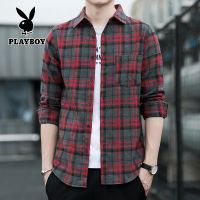 PLAYBOY เสื้อเชิ้ตลายสก๊อตผู้ชายสไตล์เกาหลีแขนยาว