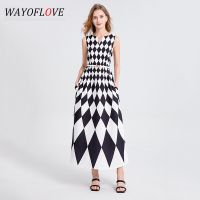 1 WAYOFLOVE Gaun Panjang Tanpa Lengan Wanita, Gaun Pesta Boho Elegan Motif-Kot Hitam Putih Kerah V Tanpa Lengu Musas IM Panas IM Musnita