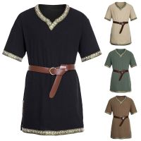 Adult Men Medieval Knight Warrior Costume Green Tunic Clothing Norman Chevalier Braid Viking Pirate Saxon LARP Top Shirt 2023