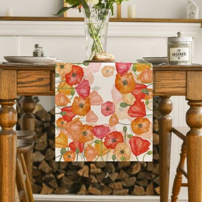 【LZ】✗◈  Spring Watercolor Poppy Linen Table Runner Holiday Wedding Party Decoration Summer Kitchen Dining Table Tablecloth Home Decor