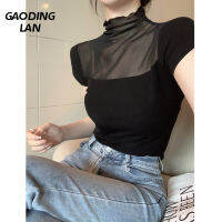 Gaodinglan ฤดูร้อนสีดำผิดปกติตาข่ายใสผู้หญิงเสื้อยืดสั้นสไตล์สลิมฟิตเซ็กซี่ท็อปส์หญิงแขนสั้นด้านล่างประเดิม