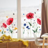 2pcs Red Poppy Flower Butterfly Wall Sticker Electrostatic Paste Window Glass Paste Double Sided Visible Decorative Wall Decal Wall Stickers  Decals