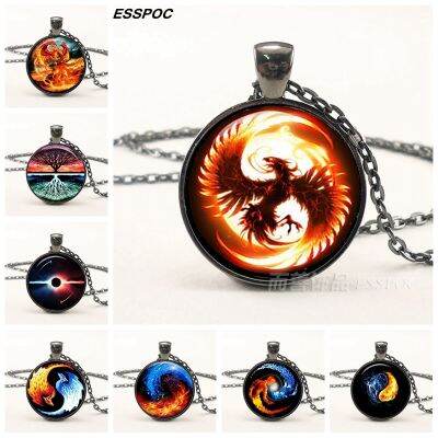 [ร้อนแรง] สร้อยคอฟีนิกซ์ Steampunk Yin Yang Tree Of Life จี้แก้ว Cabochon สร้อยคอโซ่สีดำผู้ชายเครื่องประดับแฟชั่นสำหรับผู้หญิงของขวัญ