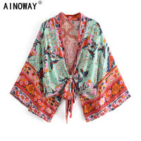 Boho Vintage Floral Print Sashes short Kimono Women  Fashion Ladies Blouses Casual V Neck batwing Sleeves bohemian Cover-Up