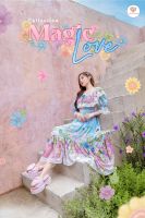 Maria diamond Magic Love dress สีฟ้าพิมพ์ลาย เดรสผู้หญิงพิมพ์ลาย เดรสกระโปรงยาว เดรสเเต่งระบาย