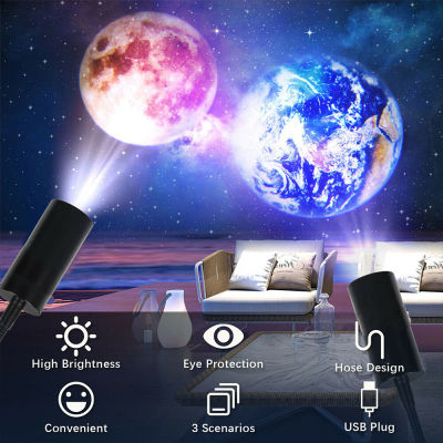 【คลังสินค้าพร้อม】2 In 1 Earth Moon Projection Lamp 360 ° Star Projector พร้อมขายึด USB Led Night Light สำหรับโปรเจคเตอร์ตกแต่งห้องนอน
