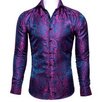 Barry.wang สีแดงกุหลาบเสื้อแขนยาวผู้ชายเสื้อเชิ้ตผ้าไหมลาย Paisley เสื้อดอกไม้ลำลองสำหรับผู้ชายดีไซน์เนอร์เข้ารูปเสื้อเชิ้ต BCY-0029