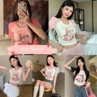 DD SHOPพร้อมส่ง 67043 เสื้อไหมพรมครอปสั้น แขนสั้น ลายกระต่าย ดีเทลปลายหยักสีพาสเทล