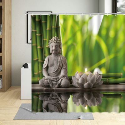 Green Scene Zen Stone Shower Curtain Bamboo Lotus Flowers Bathroom Decor Screen Polyester Fabric Bathtub Curtains With 12 Hooks
