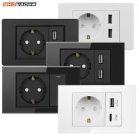 ♚ Shawader EU Plug Power Wall USB Type C Socket Pressure Switch Tempered Plastic Glass Panel European Rectangle Outlet Home Office
