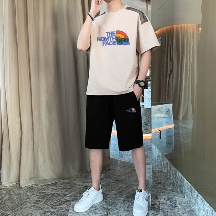 เสื้อสูทสองชิ้นสำหรับผู้ชาย-เสื้อยืดแขนสั้นกางเกงขาสั้นแฟชั่นกีฬาลำลองฤดูร้อน