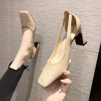 Shoes Women Square Heel High Pumps Square Toe Wedding Party Shoes Genuine Leather Slip-on Classic Pumps Spring Shoes