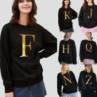 Womens Autumn Long-sleeved Sweatshirt Casual Pullover Initial Name Printing Gold Pattern O-neck Black Warm Commuter Soft Hoodie