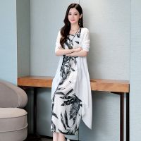 Womens Clothing Medium-long print dress art cotton linen two-piece match plus size dress Labuh Muslimah Long Cardigan