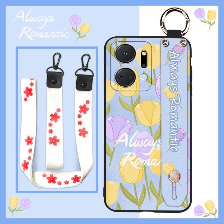 soft-case-cute-phone-case-for-honor-x7a-cartoon-painting-flowers-back-cover-durable-waterproof-wristband-fashion-design