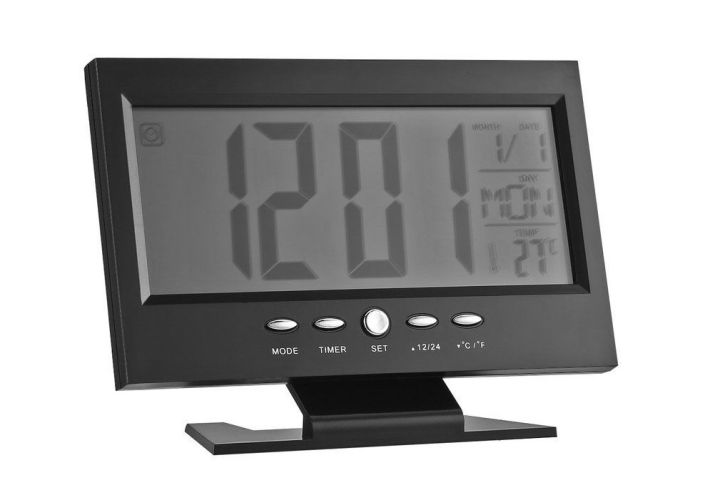 นาฬิกาตั้งโต๊ะแสดงอุณหภูมิ-4in1-voice-control-back-light-lcd-clock-มีแสงไฟชนิดเซ็นเซอร์-แสดงอุณหภูมิได้-ตั้งปลุกเสียงดนตรี-8แบบ-ปฏิทิน-100ปี-ใช้ถ่านไฟฉาย