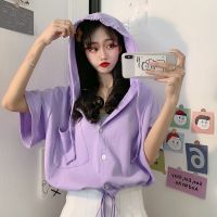 ∏┇ Jazz style midriff-baring loose short-sleeved T-shirt jazz womens summer high-waisted short drawstring cardigan hooded top