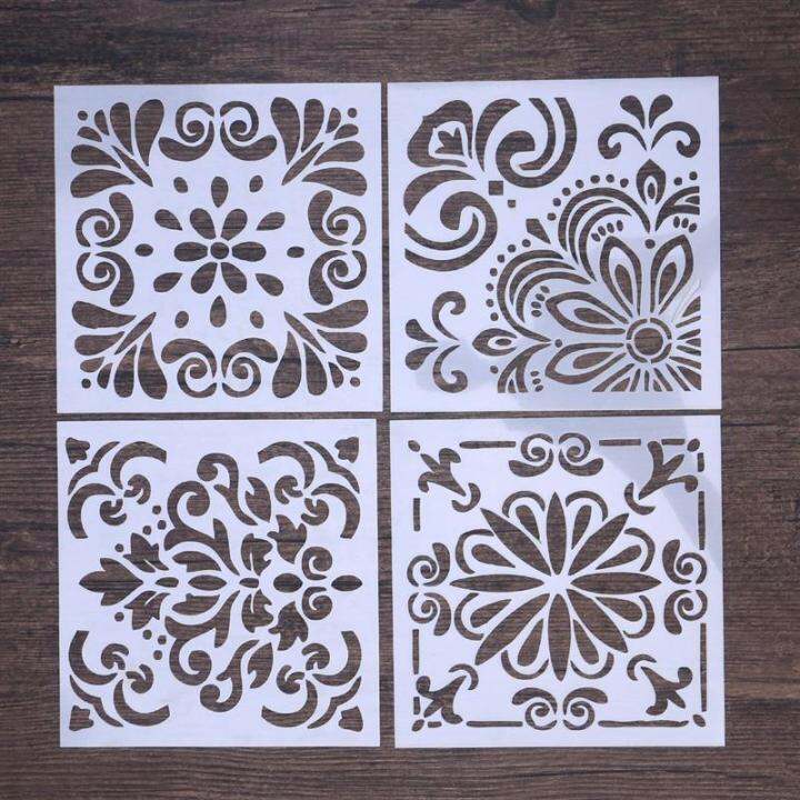 4 Sheets Stencils Plastic Cut Painting Stencil Floor Wall Tile Fabric ...