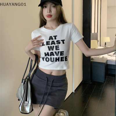 HUAYANG01 [2023แฟชั่นใหม่สุดฮิต] เสื้อยืดพิมพ์ลายตัวอักษรอเมริกาแบบย้อนยุคเสื้อผู้หญิงคอกลมเสื้อครอปเสื้อแขนสั้นรัดรูปฤดูร้อน