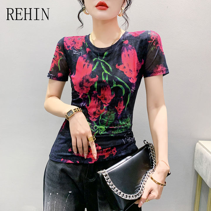 rehin-เสื้อยืดสตรีพิมพ์ลายตาข่ายคอกลม-เสื้อยืดแขนสั้นดีไซน์เฉพาะสำหรับฤดูร้อนแฟชั่นสไตล์เกาหลีแบบใหม่