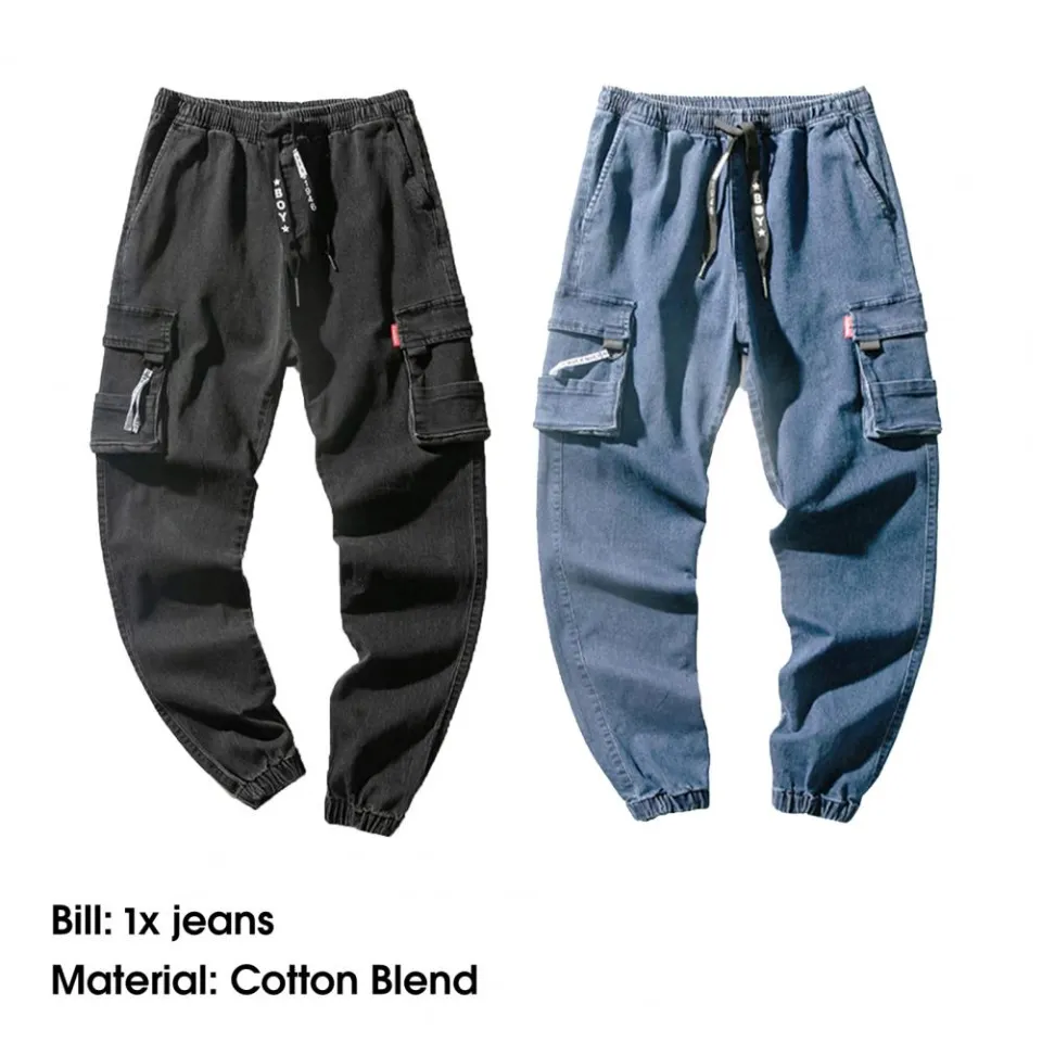 Men Denim Jogger Pants Male Baggy Jean Trousers Multi Pockets